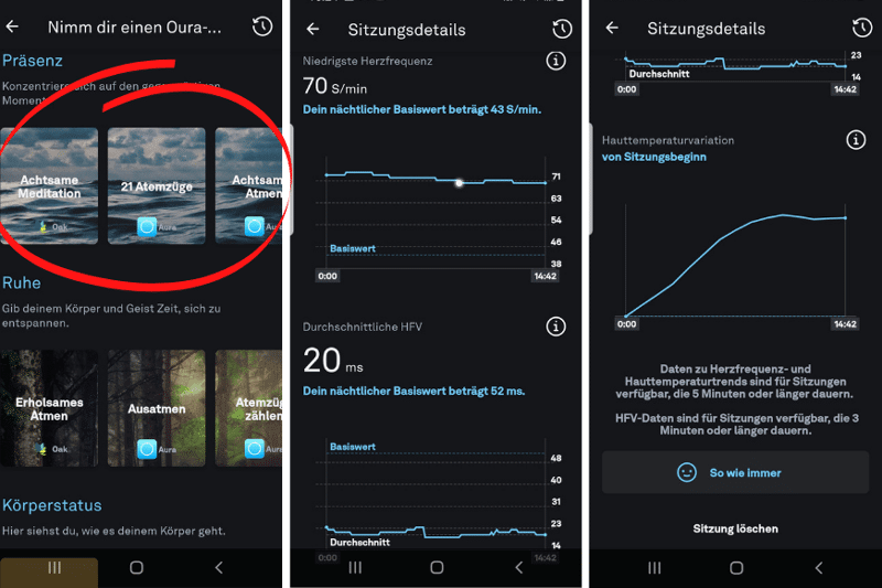 In der Oura Ring sind die Daten nach der Durchführung einer Meditation zu sehen